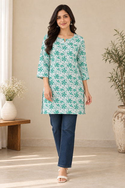 Green Floral Printed Cotton Short Kurti