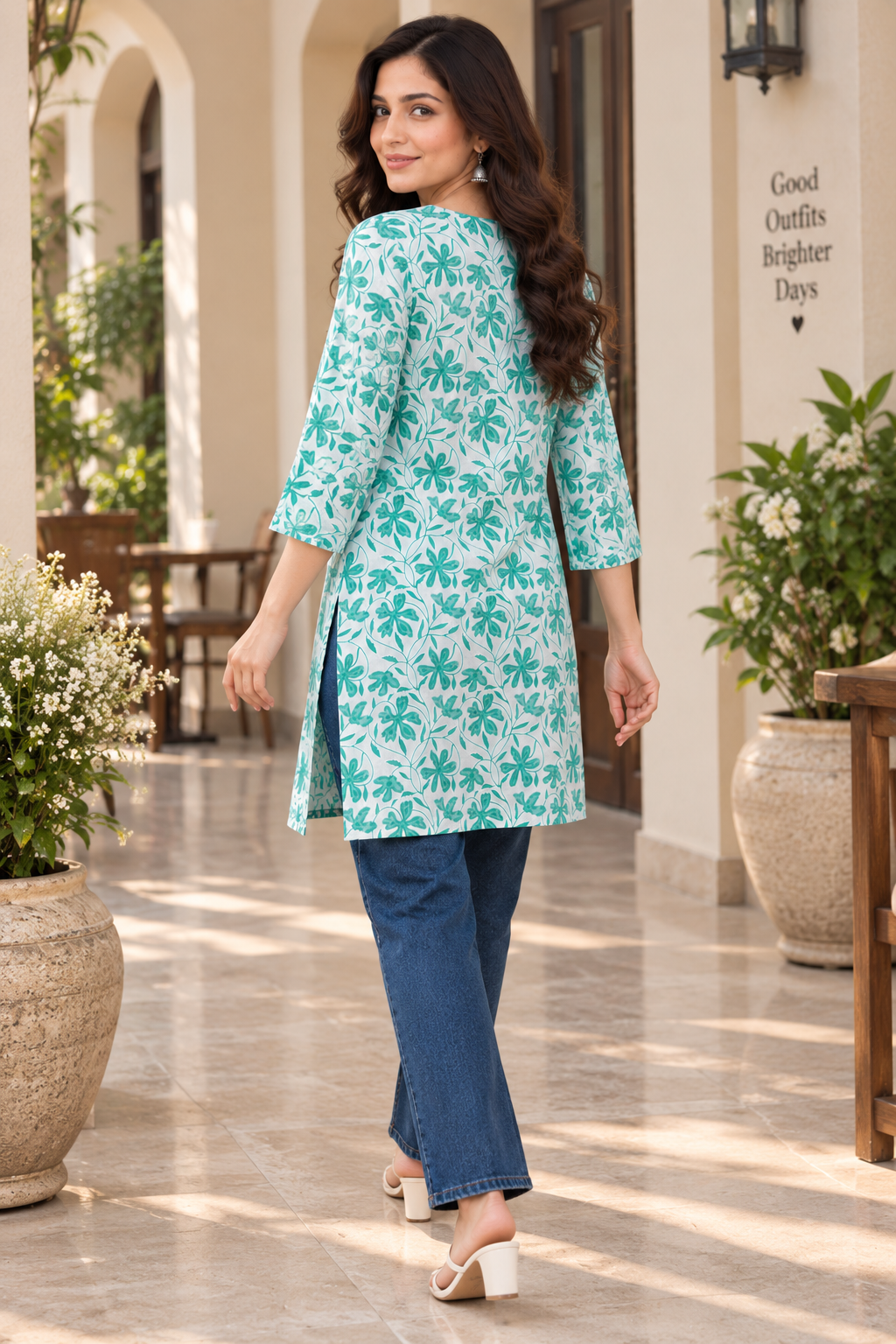 Green Floral Printed Cotton Short Kurti