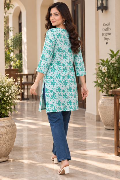 Green Floral Printed Cotton Short Kurti