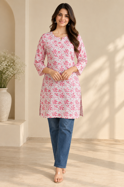 Pink Floral Printed Cotton Short Kurti