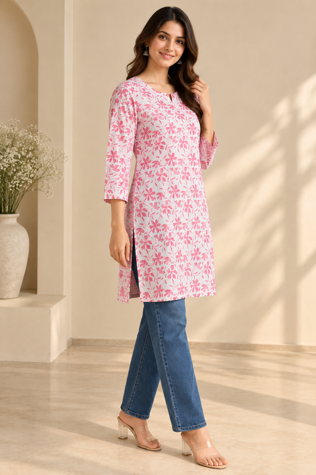 Pink Floral Printed Cotton Short Kurti