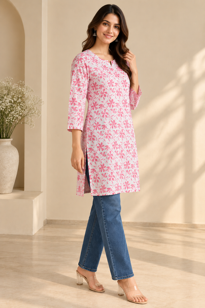 Pink Floral Printed Cotton Short Kurti