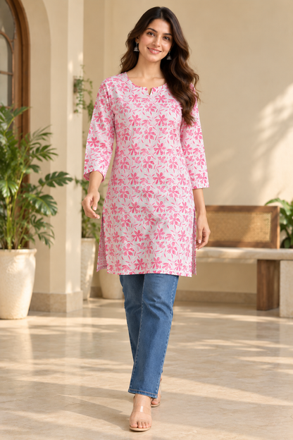 Pink Floral Printed Cotton Short Kurti