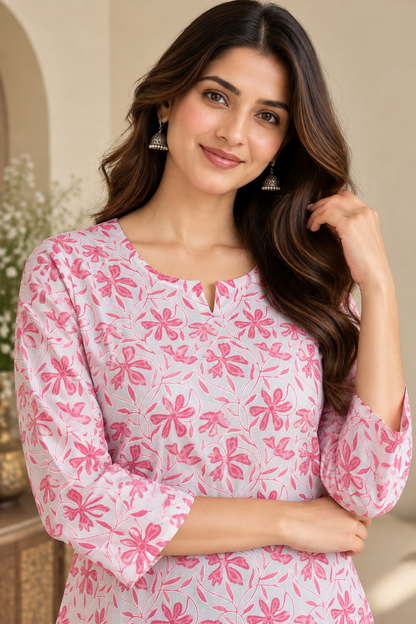Pink Floral Printed Cotton Short Kurti