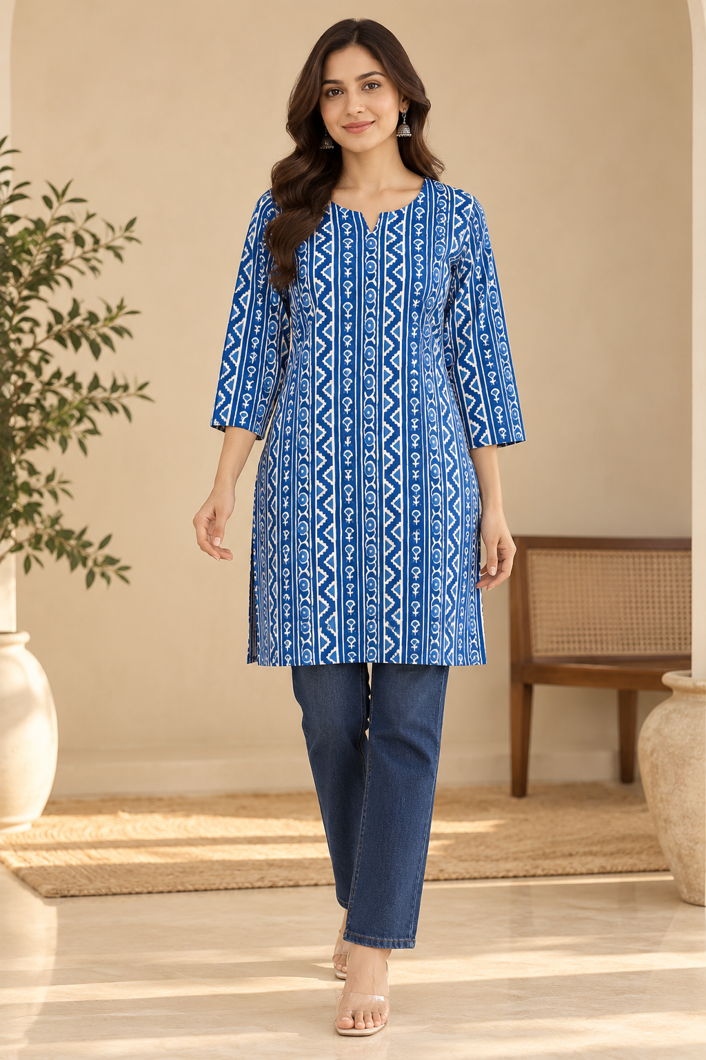 Indigo Blue Printed Cotton Short Kurti
