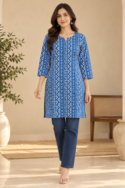 Indigo Blue Printed Cotton Short Kurti
