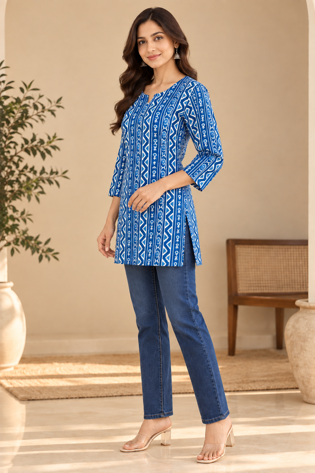 Indigo Blue Printed Cotton Short Kurti