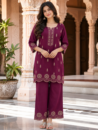 Plum Cotton Slub Embroidered Kurta Pant Set for Women