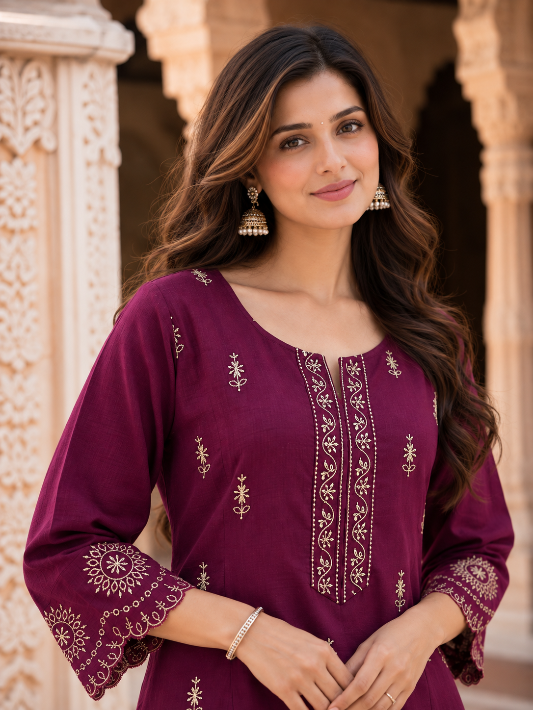 Plum Cotton Slub Embroidered Kurta Pant Set for Women