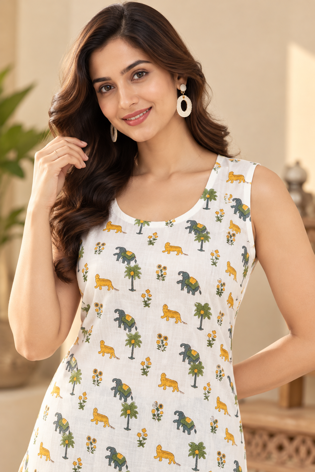 Tvastha Ivory Jungle Safari Printed Cotton Sleeveless Tunic Top