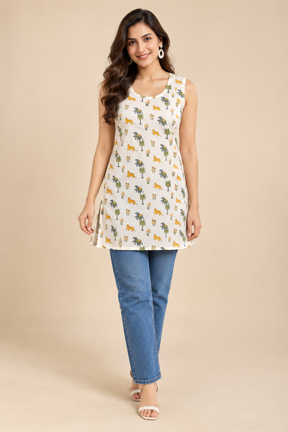 Tvastha Ivory Jungle Safari Printed Cotton Sleeveless Tunic Top