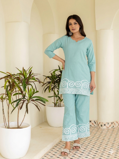 Aqua Green Cotton Embroidered Co-Ord Set for Women | Tvastha
