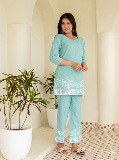 Aqua Green Cotton Embroidered Co-Ord Set for Women | Tvastha
