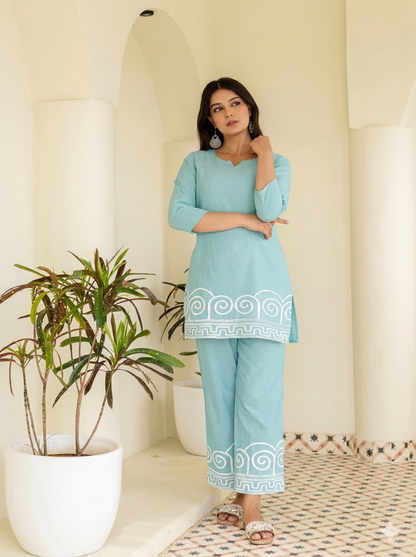 Aqua Green Cotton Embroidered Co-Ord Set for Women | Tvastha