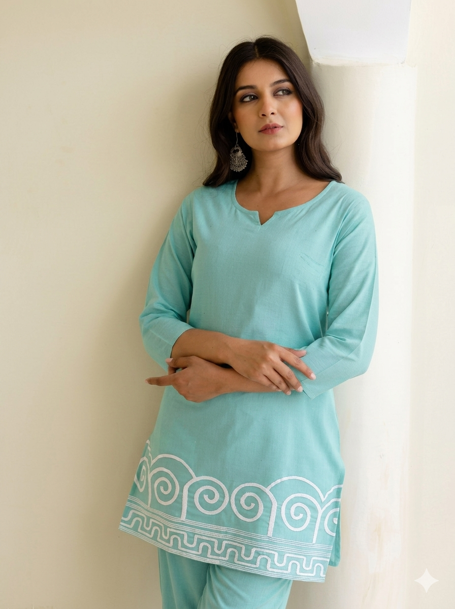 Aqua Green Cotton Embroidered Co-Ord Set for Women | Tvastha