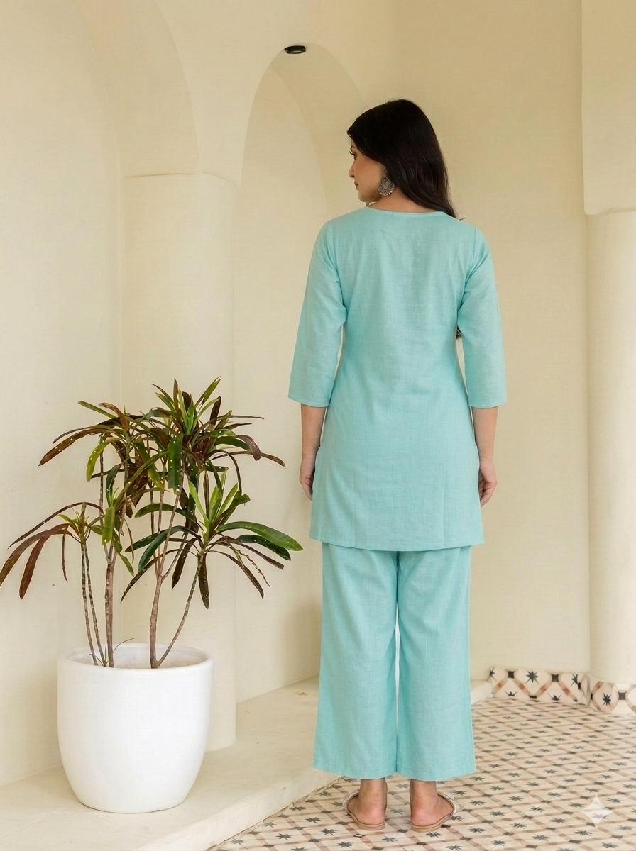 Aqua Green Cotton Embroidered Co-Ord Set for Women | Tvastha
