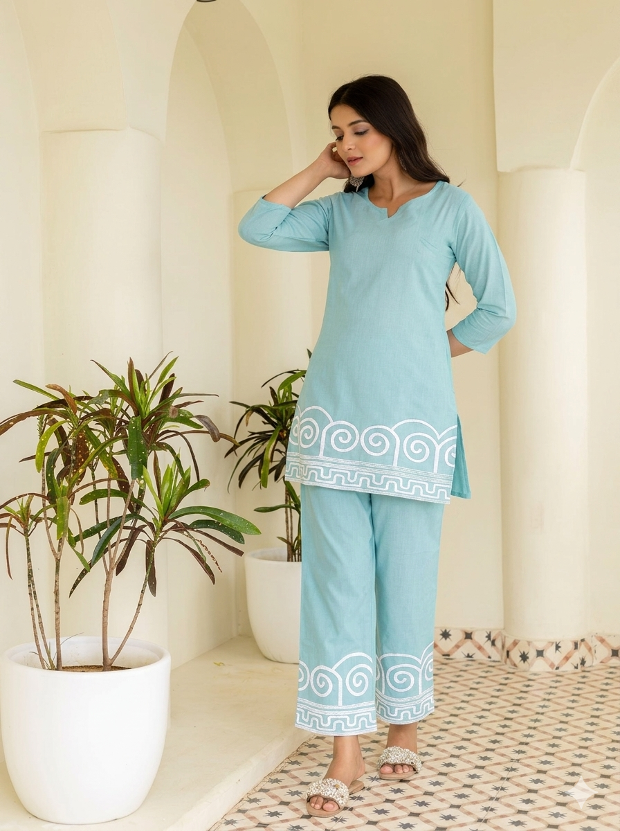 Aqua Green Cotton Embroidered Co-Ord Set for Women | Tvastha