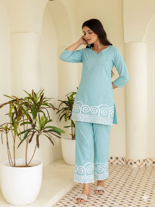 Aqua Green Cotton Embroidered Co-Ord Set for Women | Tvastha