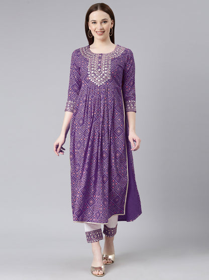 Rayon Bhandej print embroidered nira cut kurta pant set