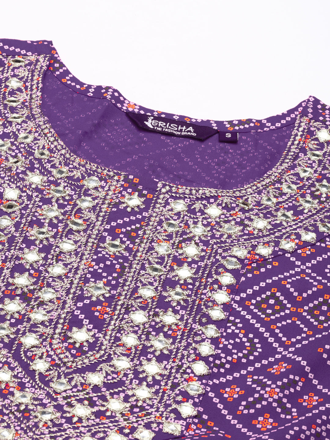 Rayon Bhandej print embroidered nira cut kurta pant set