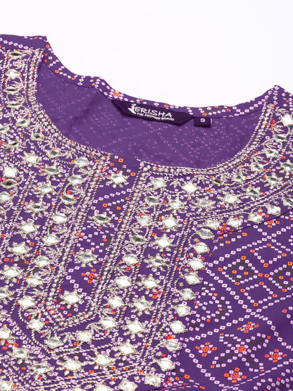 Rayon Bhandej print embroidered nira cut kurta pant set