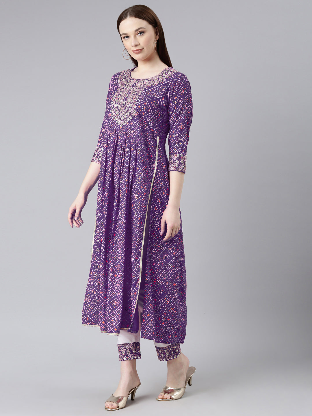 Rayon Bhandej print embroidered nira cut kurta pant set