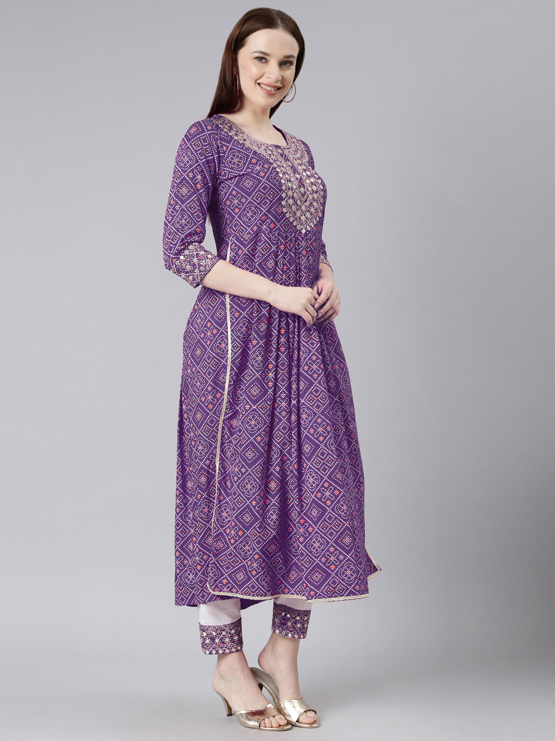 Rayon Bhandej print embroidered nira cut kurta pant set