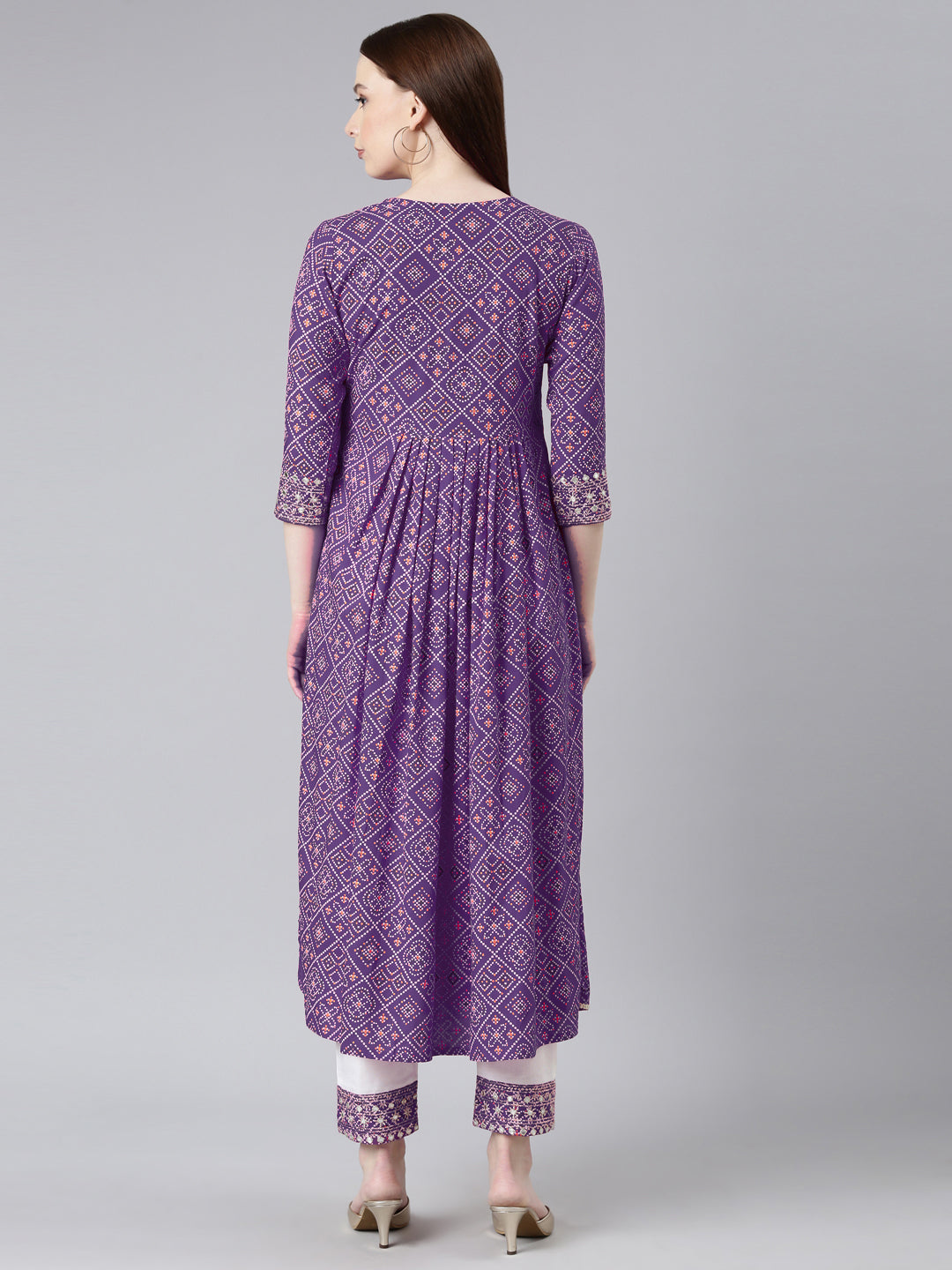 Rayon Bhandej print embroidered nira cut kurta pant set