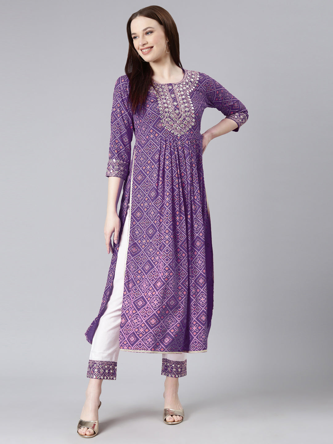 Rayon Bhandej print embroidered nira cut kurta pant set