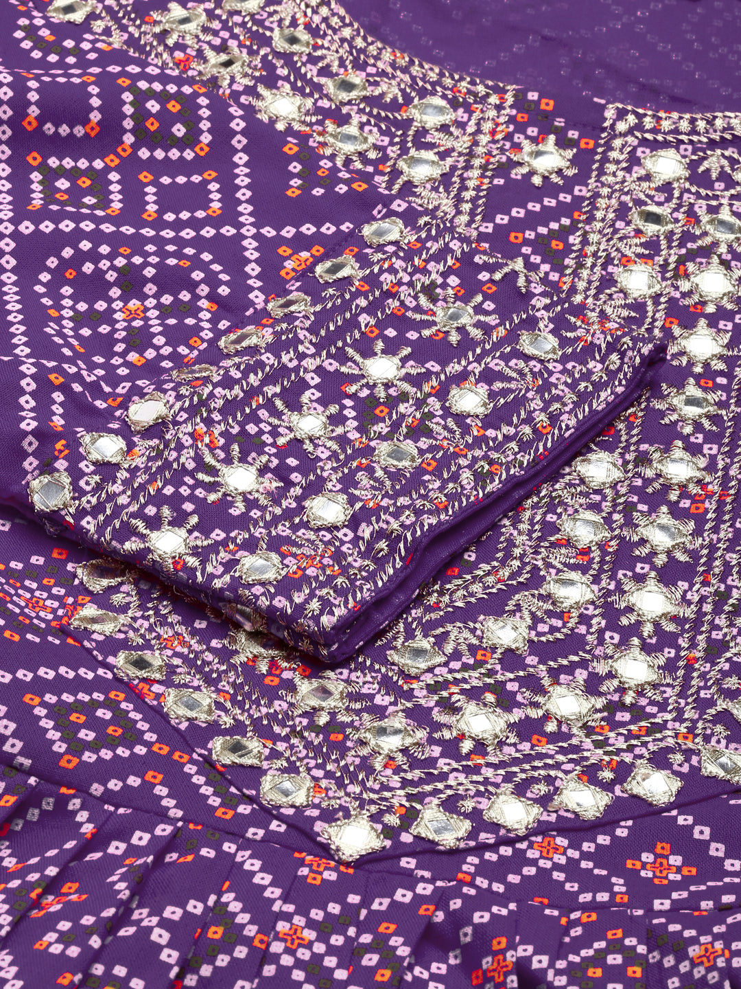 Rayon Bhandej print embroidered nira cut kurta pant set