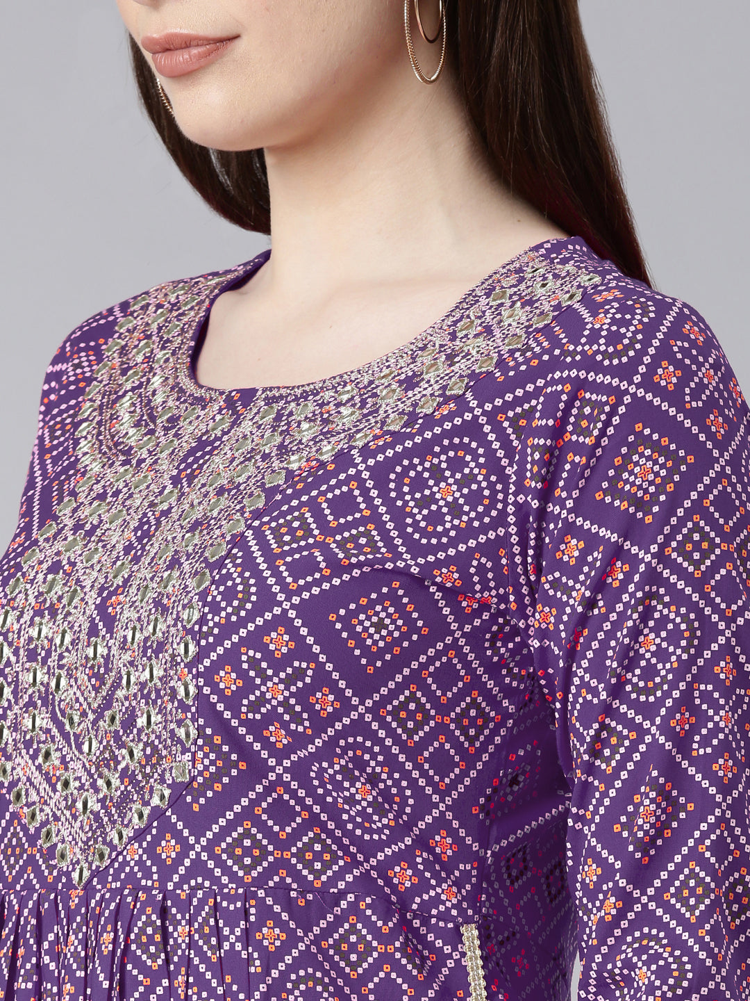 Rayon Bhandej print embroidered nira cut kurta pant set