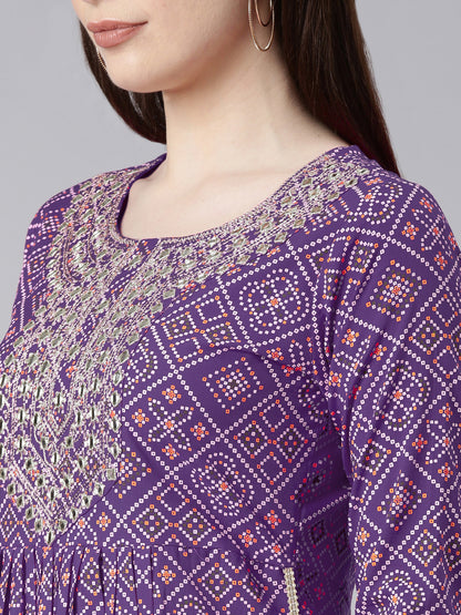 Rayon Bhandej print embroidered nira cut kurta pant set