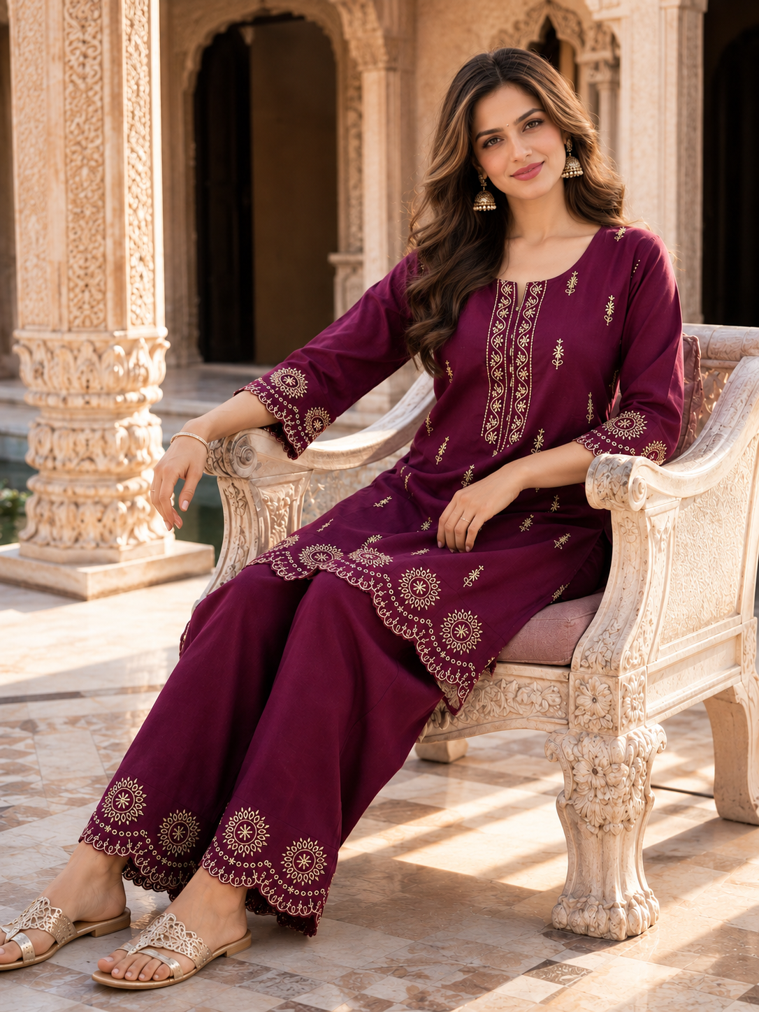 Plum Cotton Slub Embroidered Kurta Pant Set for Women