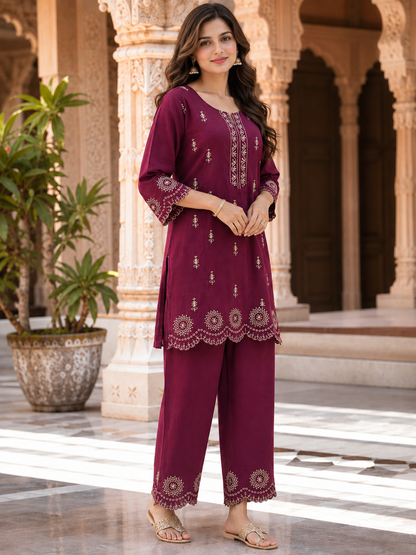 Plum Cotton Slub Embroidered Kurta Pant Set for Women