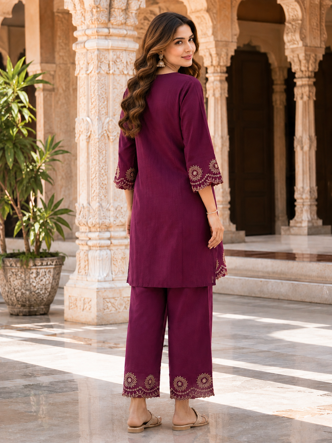 Plum Cotton Slub Embroidered Kurta Pant Set for Women