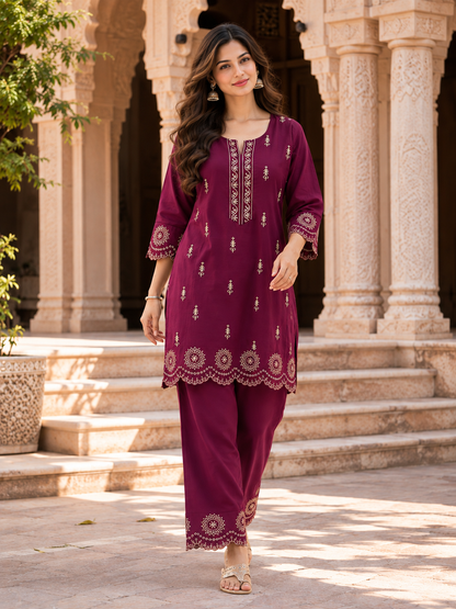 Plum Cotton Slub Embroidered Kurta Pant Set for Women