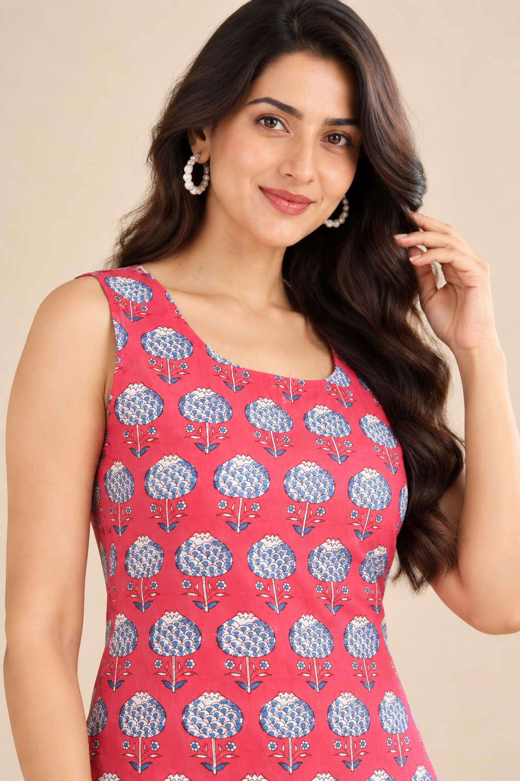 Tvastha Coral Pink Floral Hand Block Printed Pure Cotton Sleeveless Tunic Top for Women