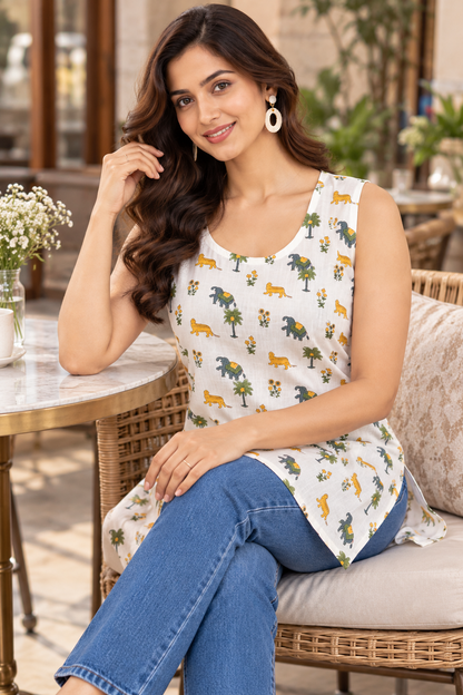 Tvastha Ivory Jungle Safari Printed Cotton Sleeveless Tunic Top